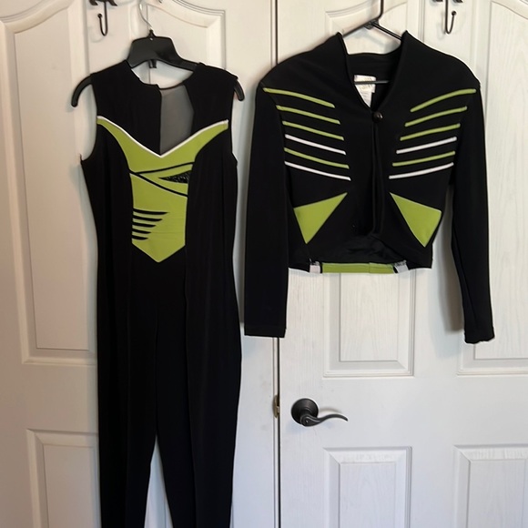 Andre Isabella Pants - Andrea Isabella retro black /lime green pantsuit/jacket leather trim Spandex szM